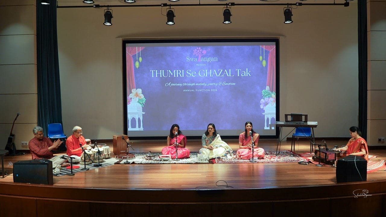 Swarangan's 2026 annual function, Thumri Se Ghazal Tak: three vocalists on stage with tabla and harmonium accompaniment